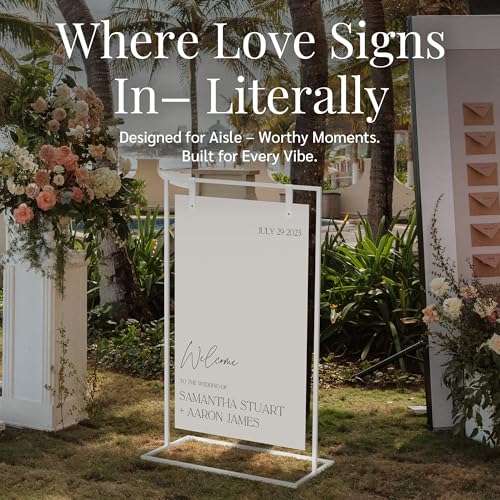 White Wedding Welcome Sign Stand with Holder - Elegant Metal Easel Display for Seating Chart, Reception Signs, Welcome Board - 30+ Customizable designs for Baby, Bridal Shower - Versatile Party Sign Holder - color: White