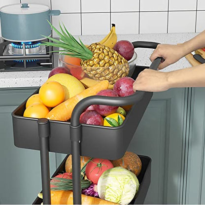 Sooyee 3 Tier Metal Utility Cart with Handle and Lockable Wheels, Black - color: Black, size: Wide 3 Tier 2