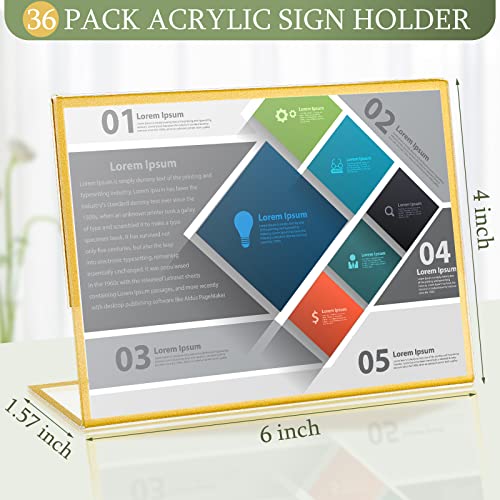 36 Pack Acrylic Sign Holder Gold Frame Table Numbers Slanted Back Menu Display Stand Clear Flyer Document Photo Display Holders Plastic Table Signs for Wedding Office(Horizontal Style,4 x 6 Inch) - style: Horizontal Style