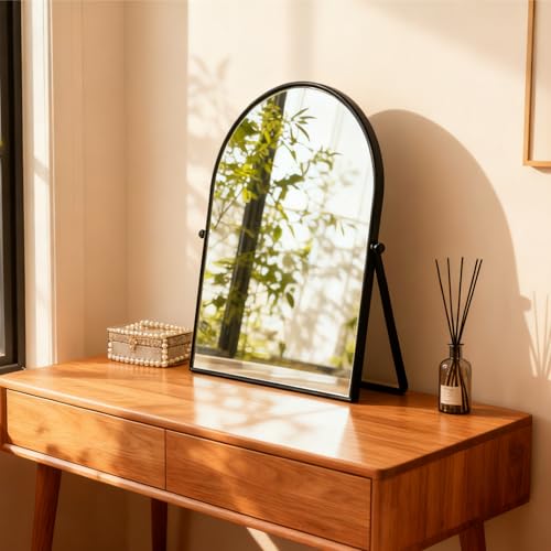 Black Metal Bedroom Mirror Vanity Countertop Makeup Mirror Arch Makeup Bathroom Mirror Rotation Framed Standing Mirrors 90°Adjustable Room Decor for Living Room,Bathroom Tabletop - color: Black