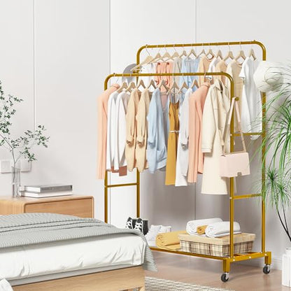 Sooyee Double Rod Clothing Rack with Wheels,3 Tier Garment Racks for Hanging Clothes,Portable Clothes Rack with 4 Hooks for Bedroom,Laundry Room,Gold - color: Gold