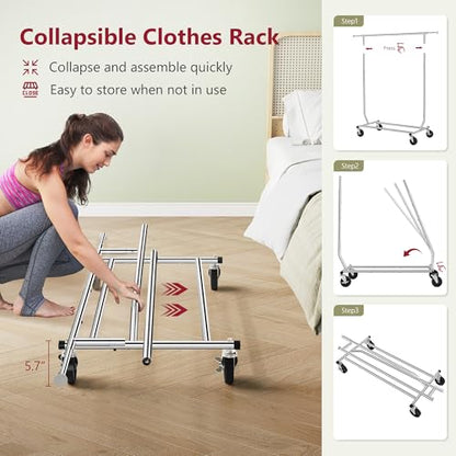 Tajsoon Clothing Rack Collapsible, Garment Clothes Rack Heavy Duty, Chrome | Foldable Garment Rack with Wheels & Extendable Rod, 250LBS Rolling Rack with Shelf for Bedroom, Laundry Room, Clothes Store - style: Single Rod Commercial