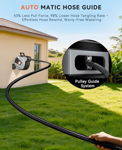 SUNPOW Retractable Garden Hose Reel - 1/2 inch x 85ft Heavy Duty Wall Mounted Hose Reel with 3/4 inch Brass Fitting & 10 Sprayer Nozzle - Any Length Lock, Auto Rewind System, 180°Swivel Bracket- Grey - size: 85FT