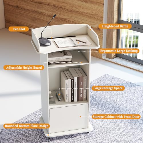 Podium Stand with Metal Wheels Wooden Lectern Podium Stand Portable Pulpit Standing with Storage Mobile Reception Podiums Desk for Church Office School Conference Restaurant Meeting, White - color: White