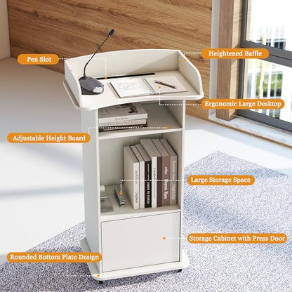 Podium Stand with Metal Wheels Wooden Lectern Podium Stand Portable Pulpit Standing with Storage Mobile Reception Podiums Desk for Church Office School Conference Restaurant Meeting, White - color: White