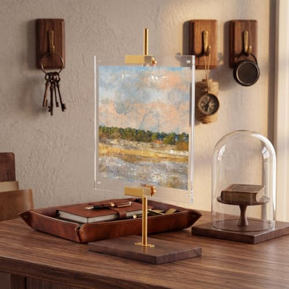 RattanView Adjustable Tabletop Easel Stand with Clear Acrylic Floating Photo Frame Set 16.5" Metal Picture Easel Display Stand for Picture, Art, Photos, Poster, Signs(Gold,Wooden Base) - color: Gold
