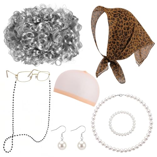 8pcs Old Lady Wig Costume Set for Halloween Party | 100th Days of School Costume, Gray Hair Wig, Pearl Necklace, Glasses, Glasses Chain, Bracelet, Bandana, Earrings, Hair Net