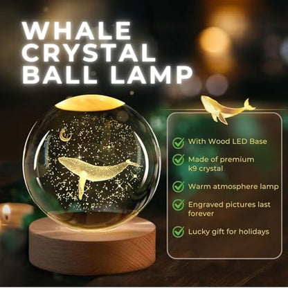 Flexzion 3D Whale Crystal Ball Night Light - LED Light Hologram Glass Lamp with Solid Wood Base, USB Powered Crystal Ball Lamp with Adjustable Brightness for Home Decor Display Gift, 2.4inch(60mm) | Whale Lamp with Solid Beech Wood Base and Adjustable Bri