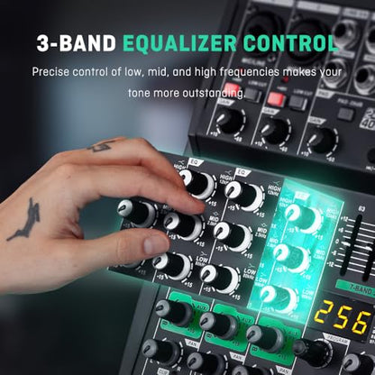 BOMGE Professional DJ audio mixer, 4 channel DJ mixer, Bluetooth sound mixer, supports USB/MP3/BT computer input,256DSP,48V phantom power suitable for DJ studio streaming recording
