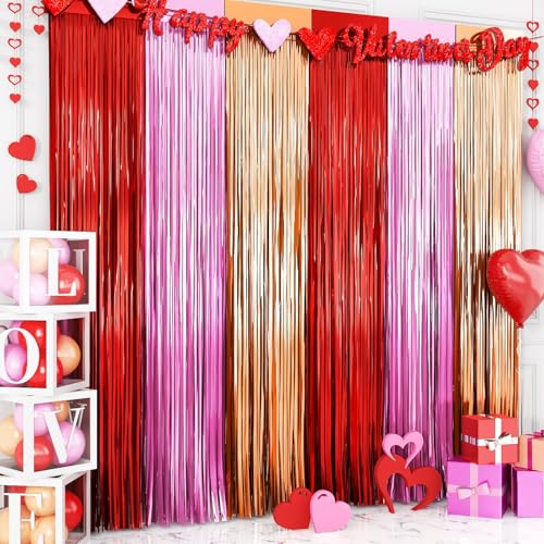 Valentines Foil Fringe Curtains, 2 Packs of 3.3x6.6 ft Valentine's Day | Valentines Foil Fringe Curtains, 2 Packs of 3.3x6.6 ft Valentine's Day Photo Booth Props, Red Pink and Champagne Gold Foil - color: Red Pink and Gold