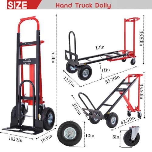 1000 LBS Heavy Duty Steel Hand Truck, 4-in-1 Convertible Dolly Cart - color: Red-1