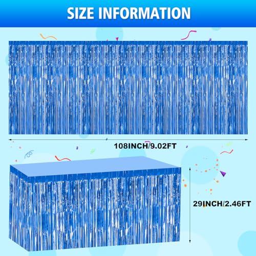 2 Pack 29.5x108 Inch Blue Foil Tinsel Fringe Table Skirts, Disposable Table Skirts for Rectangle Tables Curtains Backdrop Parade Wedding Floats Baby Shower Birthday Mardi Gras Party - color: Blue