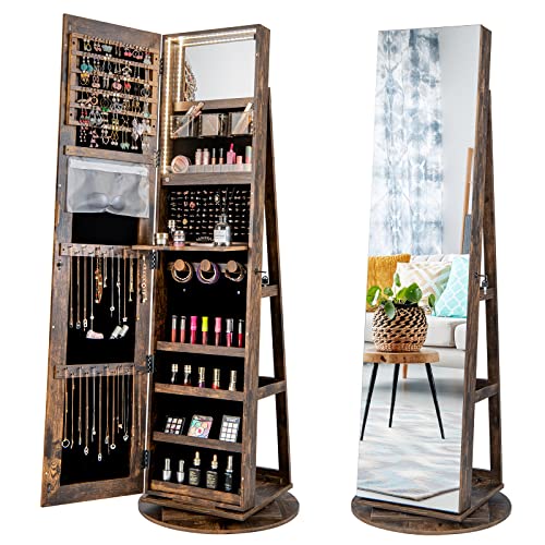LOKO 360° Swivel Jewelry Cabinet, Lockable Jewelry Organizer (Rustic Brown) - color: Rustic Brown