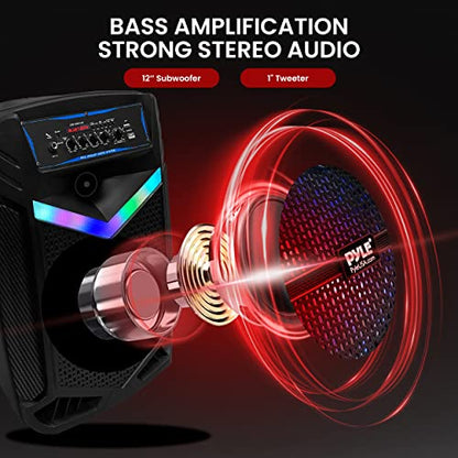 Pyle Portable Bluetooth PA Speaker System - 800W Rechargeable Outdoor Bluetooth Speaker Portable PA System w/ 12” Subwoofer 1” Tweeter, Recording Function, Mic In Party Lights USB/SD Radio- PPHP1242B - size: 12 in