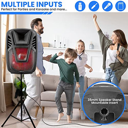 Pyle 15” Portable Bluetooth PA Speaker System - 800W Wireless Rechargeable Loudspeaker with LED Party Lights, Rolling Wheels, Built-in Amp, & Remote Control - Indoor/Outdoor Karaoke Machine (Black) - size: 15 inches