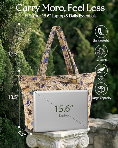 Miss Adola Quilted Shoulder Tote Bag with Zipper for Women | Multi-Pocket Storage, Quilted Cotton Texture, Large Capacity, Top Zipper Closure, 16 Inch Laptop Fit, Work Travel Teacher - color: Butterfly Line