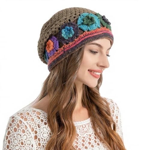 ZLYC Women Cotton Crochet Slouchy Beanie Hat Handmade Knit Summer Skull Cap | Lightweight breathable,boho casual chic look,travel photos festival party,café commute daily wear,beach concert gathering - color: Colorful Flower Tan
