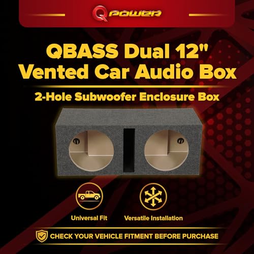 QPower QBASS Dual 12" Car Audio Subwoofer Box, Charcoal Gray Carpet Finish | MDF Woofer Enclosure, Single Slot Port Vent, Deep Bass Sound System for Truck and Stereo