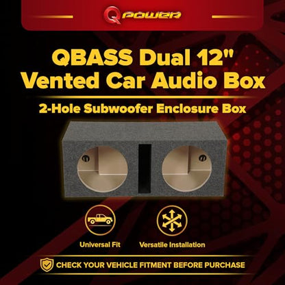 QPower QBASS Dual 12" Car Audio Subwoofer Box, Charcoal Gray Carpet Finish | MDF Woofer Enclosure, Single Slot Port Vent, Deep Bass Sound System for Truck and Stereo