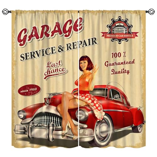 50s Retro Car Curtains Retro Car Repair Depot Rustic Vintage Cars Blackout Window Treatment for Men Teens Bedroom Playroom Home Decor Window Drapes 42" W X 45" L - color: Style-9, size: 20.5"W x 44.5"L (Pack of 2)