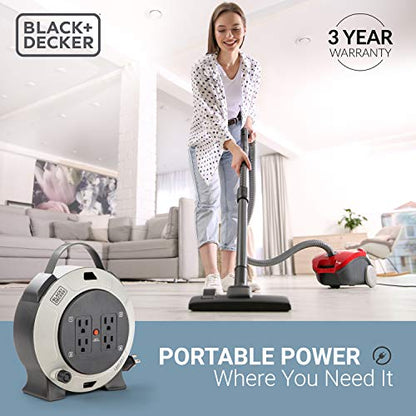 BLACK+DECKER 20 Ft. Retractable Extension Cord Reel, 4 Outlets | 16 AWG SJT cable, thermal breaker reset button, multi-plug design, heavy-duty - size: 20 ft