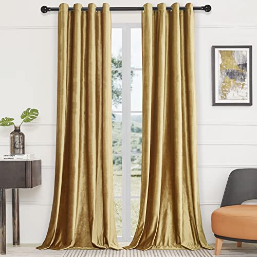 BULBUL Velvet Gold Curtains 108 inch Length- Living Room Blackout Thermal Window Drapes Darkening Decor Grommet Curtains for Bedroom Set of 2 Panels | Bedroom Room Decor,Luxury Elegant Modern,Thermal Insulation,Window Drapes,Darkening,UV rays,Privacy,Set