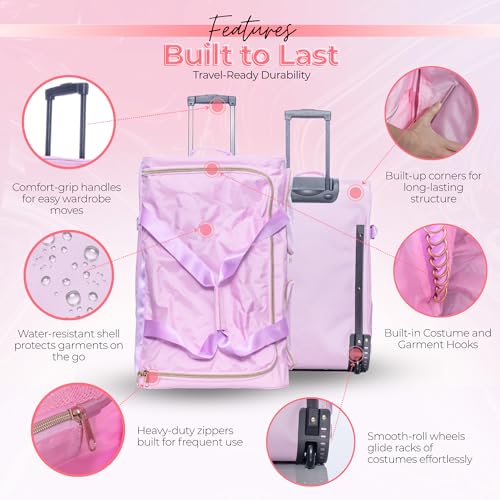 Rac n Roll Collapsible Rolling Dance Bag with Garment Rack (Clothes Rack), Foldable Competition Travel Duffel with Wheels for Dancers, Cheer, Pageant, Skating, Costume Storage, Pink - color: Pink