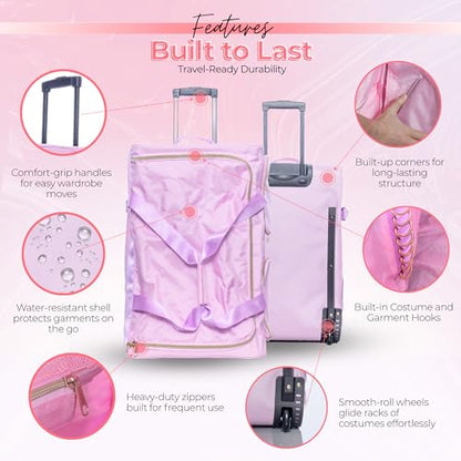 Rac n Roll Collapsible Rolling Dance Bag with Garment Rack (Clothes Rack), Foldable Competition Travel Duffel with Wheels for Dancers, Cheer, Pageant, Skating, Costume Storage, Pink - color: Pink