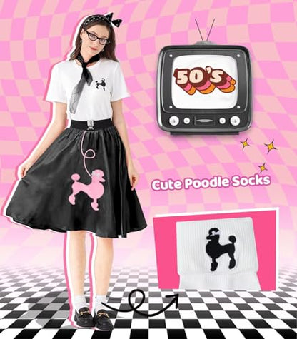 1950s Poodle Skirt Outfit Women 50s Sock Hop Costume T Shirt Accessories - color: Blackpink, size: Small