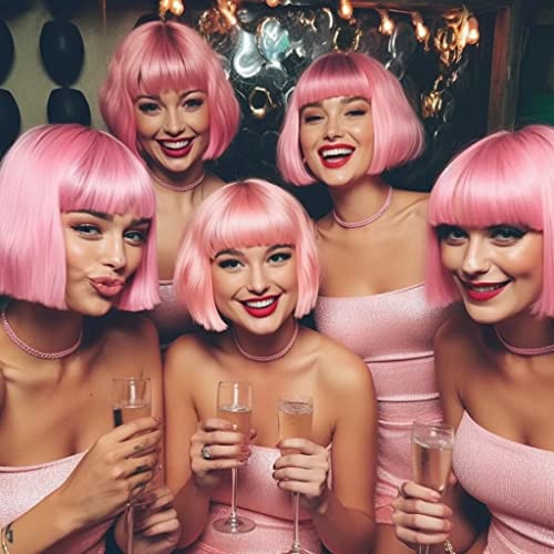 LIULIUBTY Short Bob Hair Wigs Straight with Flat Bangs Synthetic Colorful Cosplay Daily Party Neon Wig for Women + Free Wig Cap 12" Natural As Real (Dusty Rose Pink) - color: Light Pink