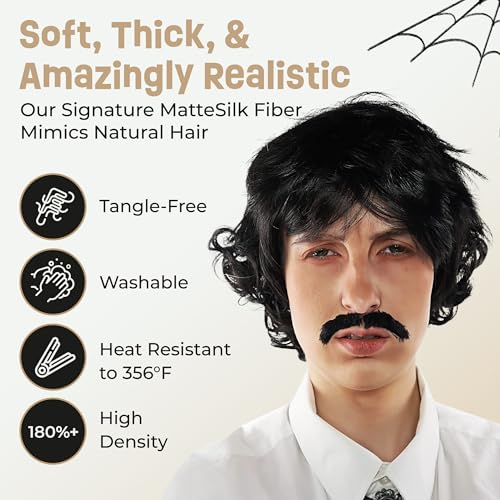 ALLAURA Vote Pedro Wig | Black Wig + Fake Mustache | 70s Shag Beatles Sonny Halloween Costume | Pablo Compatible - color: 17-Black