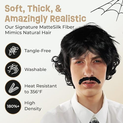 ALLAURA Vote Pedro Wig | Black Wig + Fake Mustache | 70s Shag Beatles Sonny Halloween Costume | Pablo Compatible - color: 17-Black