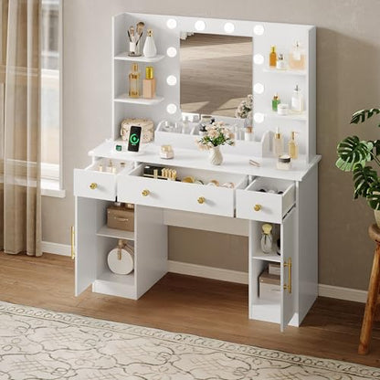 HUANLEGO Vanity Desk with Mirror and Lights, Makeup Vanity with Mirror and LED Lights & Power Outlet, 3 Drawers and Cabinets, 3 Lighting Modes Dressing Table Set for Girls Women Bedroom, White - size: 43.7x15.7x57.6 in, style: White