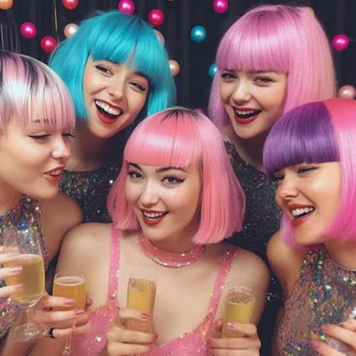 LIULIUBTY Short Bob Hair Wigs Straight with Flat Bangs Synthetic Colorful Cosplay Daily Party Neon Wig for Women with Wig Cap 12" Natural As Real (Teal Blue) - color: Teal Blue