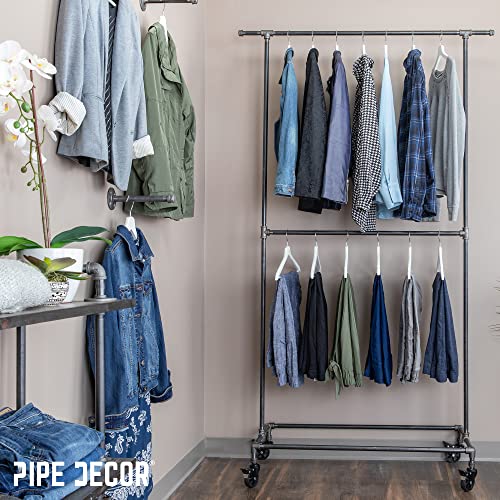 PIPE DECOR 39” x 20 ¼” x 82” Rolling Steel Pipe Double Rod Clothing Rack, Commercial or Residential Industrial Clothes Display, Heavy Duty Black Steel Metal Wheeled Garment Frame - size: 39 in. x 82 in.