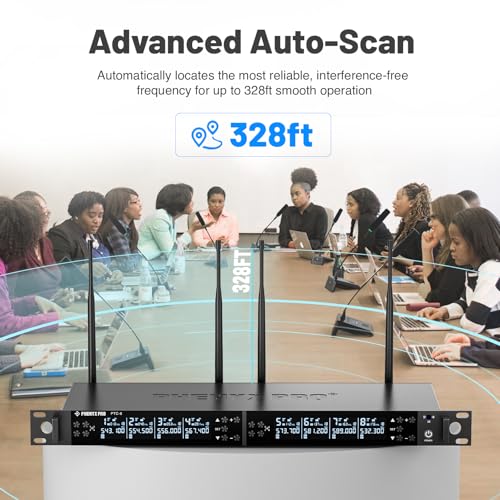 Phenyx Pro 8-Ch UHF Auto Scan Wireless Conference Microphone System PTC-8 | 8 x 25 Frequencies, 328 ft, IR Sync, Mute, 8 Gooseneck Mics for Lecture, Church, Podium, Public Speaking, Meeting, Classroom