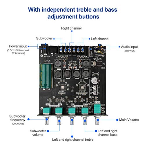Bluetooth Audio Amplifier Board, ZK-TB21 2.1CH 50W x 2 +100W Subwoofer Amp | Power Amplifier with Treble and Bass Control, Bluetooth5.0 and AUX Inputs, Stereo Digital AMP for DIY Home Speakers - color: Black1 ZK-TB21