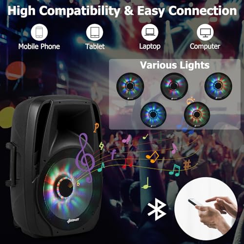 GOFLAME Portable 15" PA Speaker System Set, 1500W Powered 2-Way TWS Bluetooth DJ Party Speaker with Stand, Illuminating Light, USB/SD Card Reader, Microphone