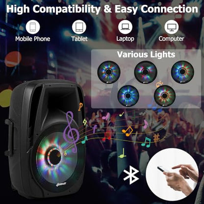 GOFLAME Portable 15" PA Speaker System Set, 1500W Powered 2-Way TWS Bluetooth DJ Party Speaker with Stand, Illuminating Light, USB/SD Card Reader, Microphone