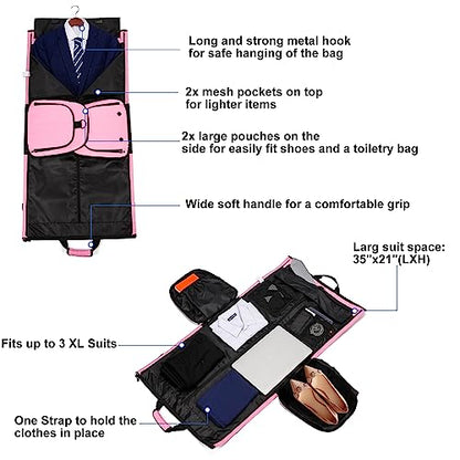 Carry On Garment Bag for Women, Durable Garment Duffle Bag for Travel with Shoes Compartment, Convertible & Foldable 2 in 1 Hanging Dress Weekender Suitcase Suit Travel Bag, Gifts for Women, Pink - color: Pink