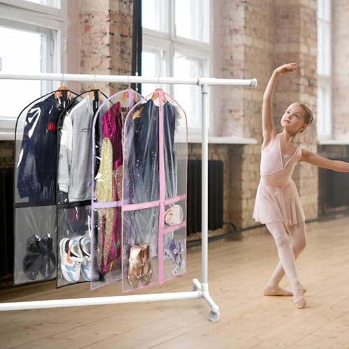 40 Inch Clear Garment Bags for Dance Costumes, 6 Pack, Pink | Dance garment bags for Dancers, 3 Zipper Pocket, Foldable Garment Bags for Hanging Clothes, Competitions & Travel - color: Clear Pink
