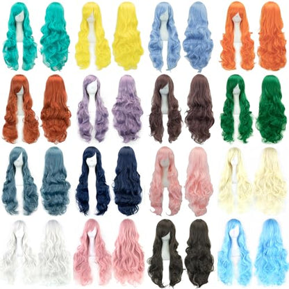 IMISSU 80cm Long Curly Natural Hair Cosplay Wig with Bangs Colorful Halloween Costume Party Wigs for Women (Bright Pink) - color: Bright Pink