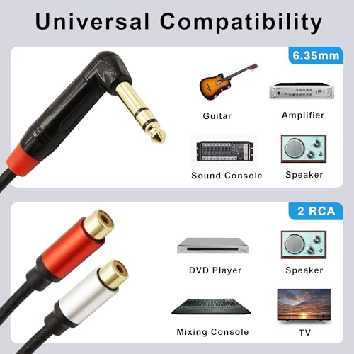 1/4 inch to Dual RCA Audio Cable 1.6ft, Gold Plated Right Angle 6.35mm Quarter inch Male TRS Stereo Plug to 2 RCA Phono Female Audio Y Splitter Cable,0.5m