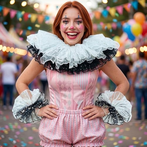 Renaissance Victorian Ruffle Collar and Wrist Cuffs Set Clown Neck Collar Layered Tulle Collar Cuffs - color: Black&white