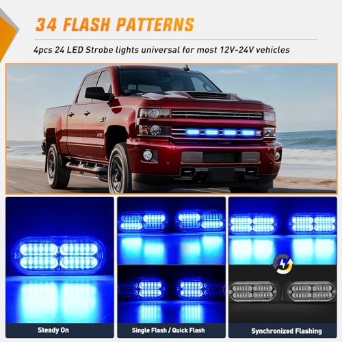 Nilight 4PCS 24LED Blue Strobe Light 12V/24V Grille Surface Mount | Hazard Safety Warning Light with Sync Feature for Car Truck Camper Side Marker Aluminum Alloy Base Emergency Lights - color: Blue