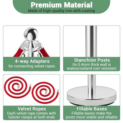 4PCS Stainless Steel Stanchion Post Queue, 5 ft Red Velvet Rope Red Carpet Ropes and Poles, Crowd Control Barriers with Sand Injection Hollow Base and Velvet Ropes Set for Party Supplies