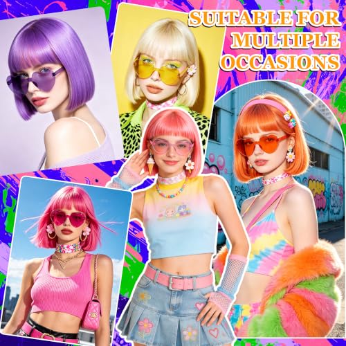 Short Bob Straight Hair Wigs with Bangs, Synthetic Fiber Colorful Hair, Heart-shaped Sunglasses for Women (Light Gold) - color: Light Gold