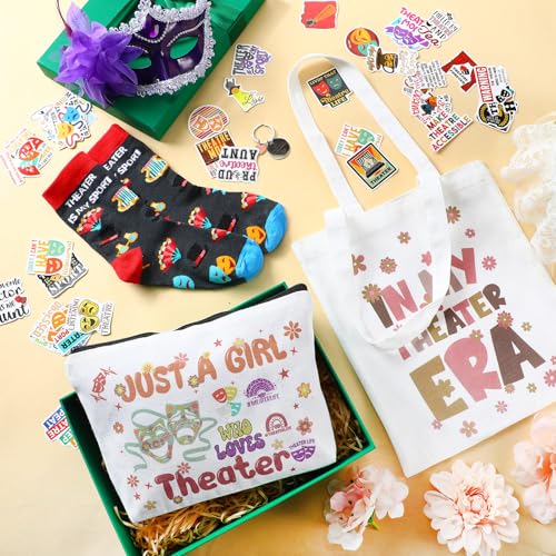 104 Pcs Theater Gifts Set for Women Men Aesthetic Waterproof Stickers Socks Canvas Tote Bag Makeup Bag Keychain for Theaters Lovers Music Actor Actress Theatre Mask Presents Prom Gift