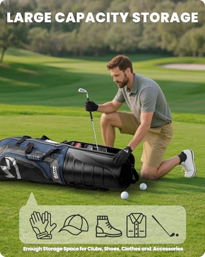 OutdoorMaster Golf Travel Bags for Airlines with Wheels and Hard Case Top | Protect Golf Clubs, 1680D Nylon Waterproof Fabric, Compact Folding, Accessories Compartment, Easy to Maneuver - color: Blue