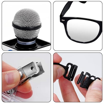 5Pcs News Reporter Costume Accessories, Fake News Microphone Prop Press Pass Glasses Tie Bowtie Set for Halloween Dress Up Career Day Party